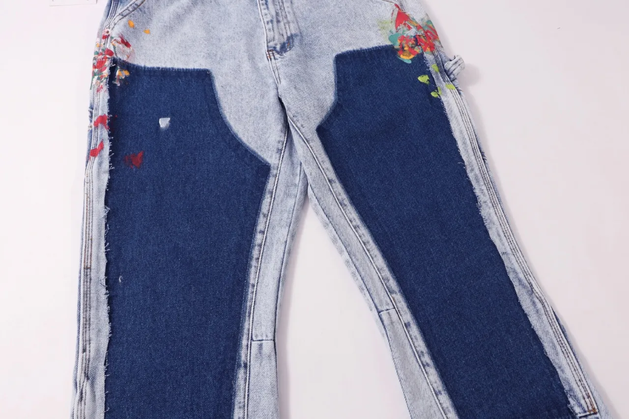 666#Gallery Dept new ink and paint patch splicing patch overalls logging pants washed blue splicing bootcut jeans beautiful trendy pants versatile casual trousers washed blue S~XL P290